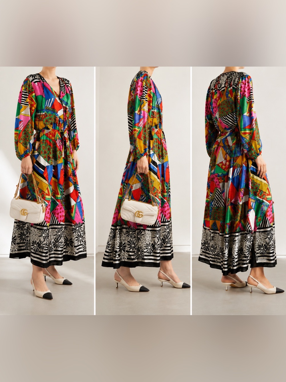 Vintage Diane Freis 100% Silk Multi Color Dress Removable Scarf OS 80s Geometric
